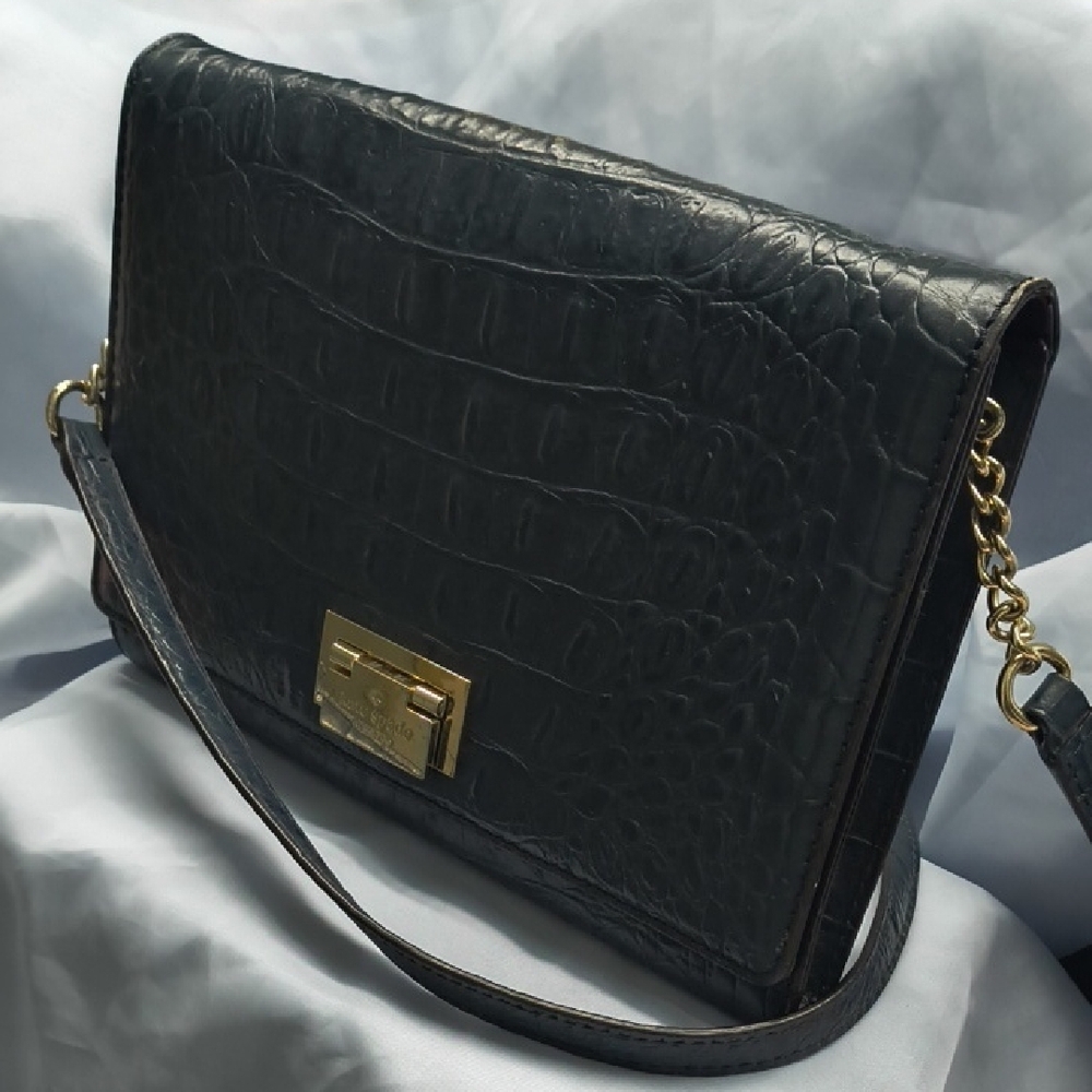 Kate Spade Black Croc-Embossed Shoulder Bag with Gold Accents